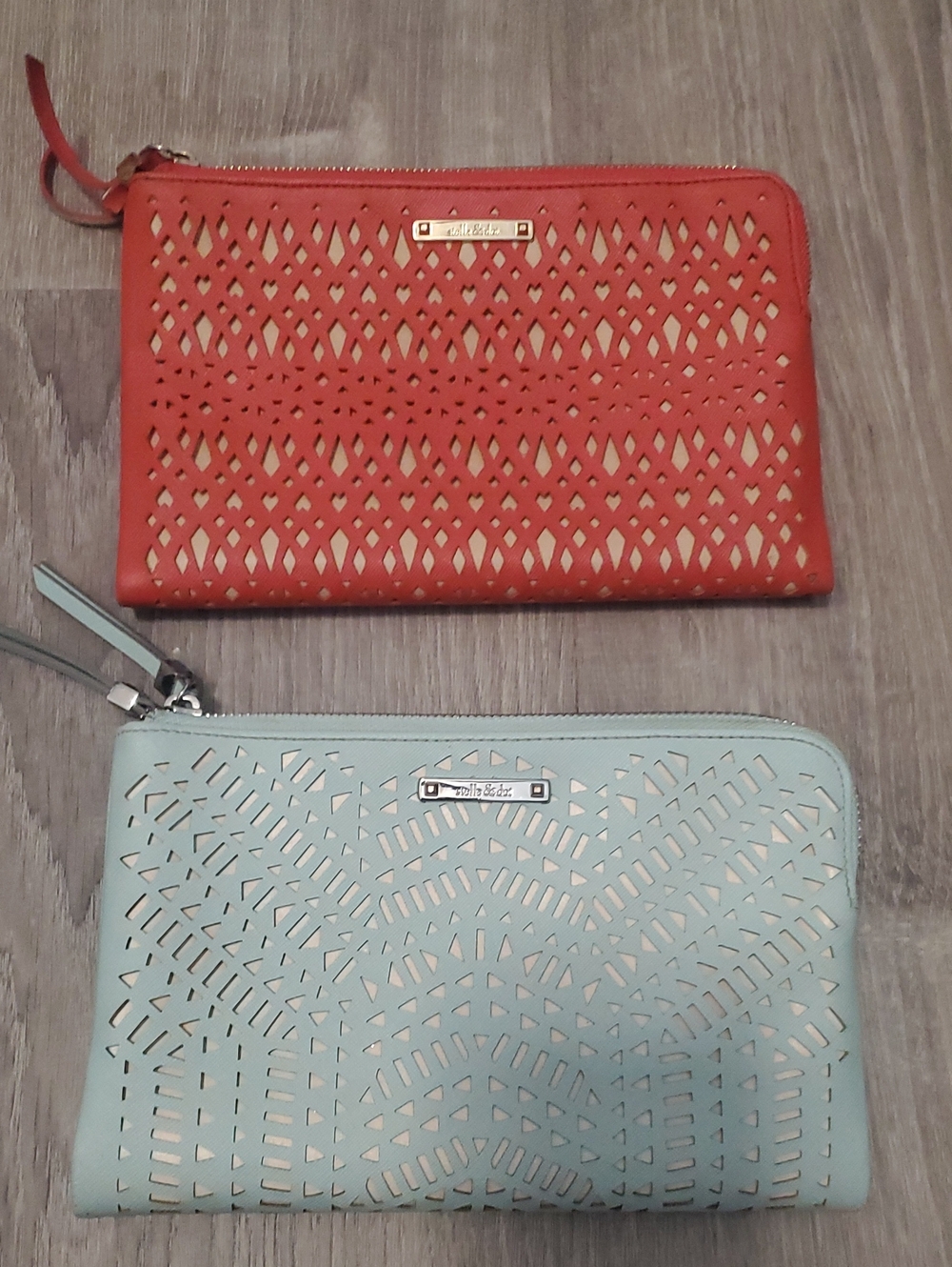 Stella & Dot Laser Cut Zip Double Clutch- One Coral and One Light Blue